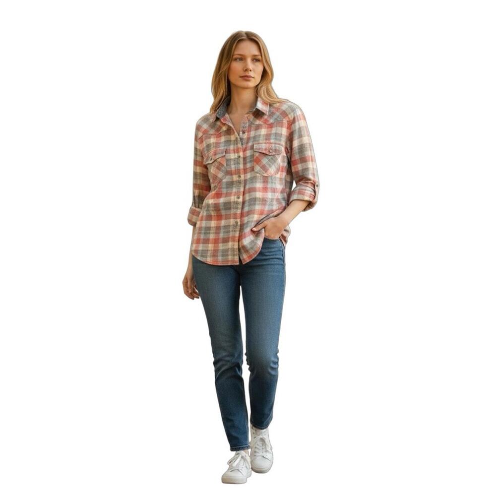 JACHS Girlfriend Western Bea Flannel Plaid Snap Button Down Shirt Red Blue Sz M - Picture 3 of 9
